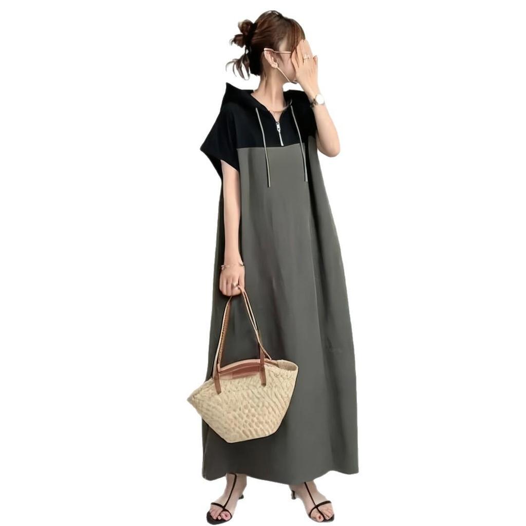 Summer 2026 Women's Japanese Style Hooded Patchwork Casual Loose Midi Dress with Short Sleeves