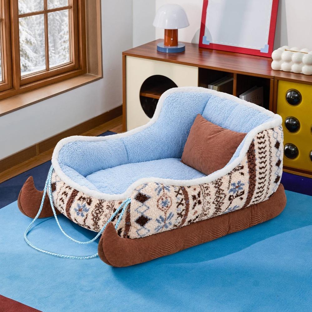 Soft Velvet Christmas Sled Dog Bed Warm Plush Winter Warm Dog Nest Pet Cat Cushion  Bedroom