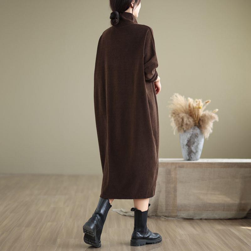 Plus Size Women's High Neck Slimming Casual Long Sleeve Mid-Length Dress In Coffee Color