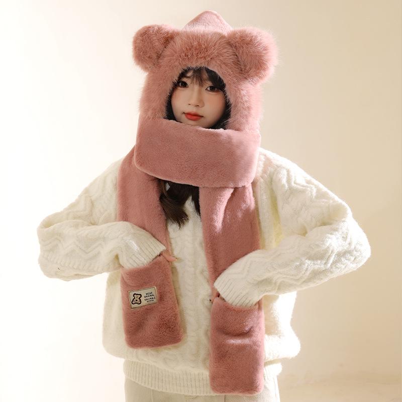 

Women s Little Bear Plush Hat with Scarf & Integrated Gloves - 2024 Autumn/Winter Cycling Set.