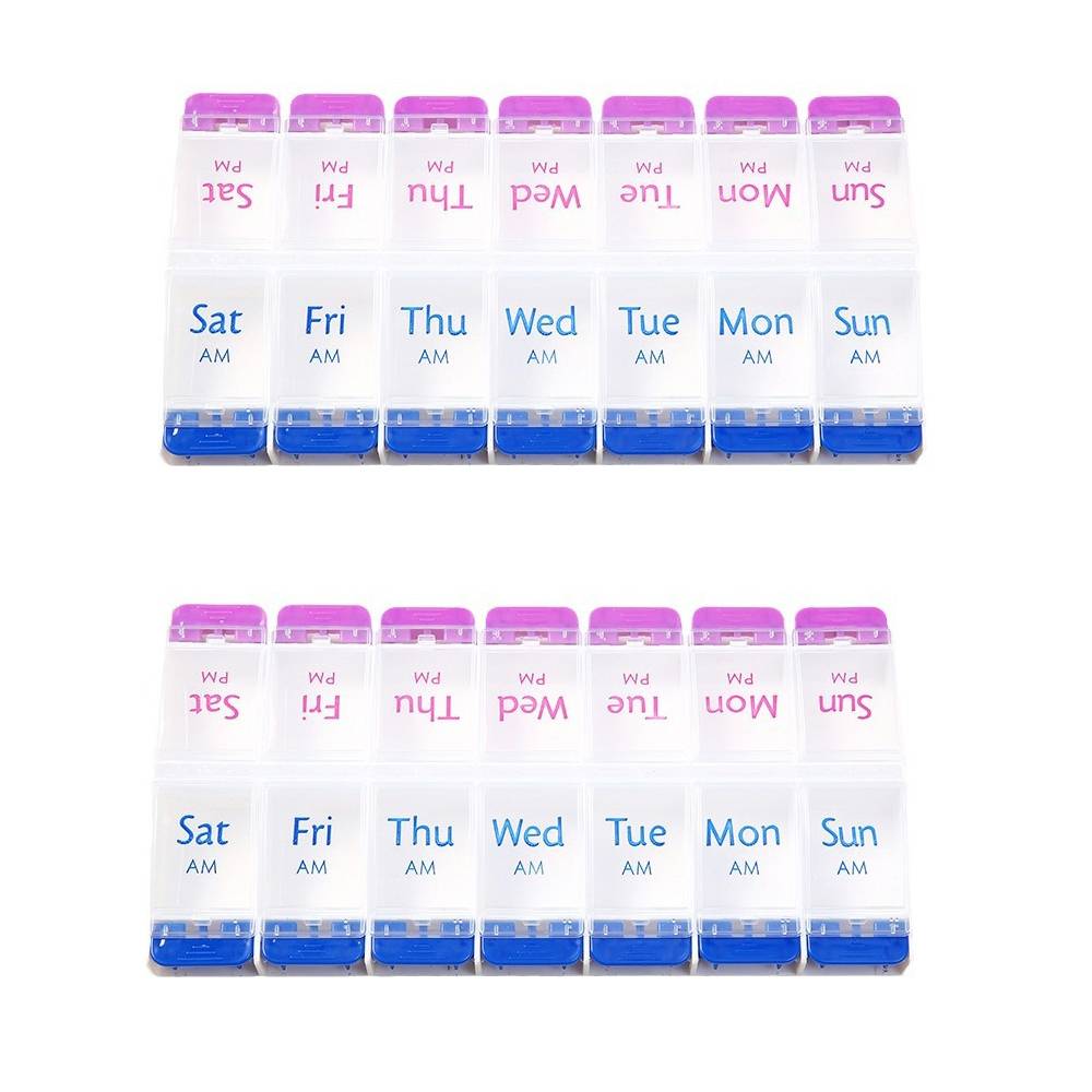 Push Button (7-Day) Pill Case, Medicine Planner, Vitamin Organizer, 2 Times a Day AM/PM, Large Compartments, Arthritis Friendly