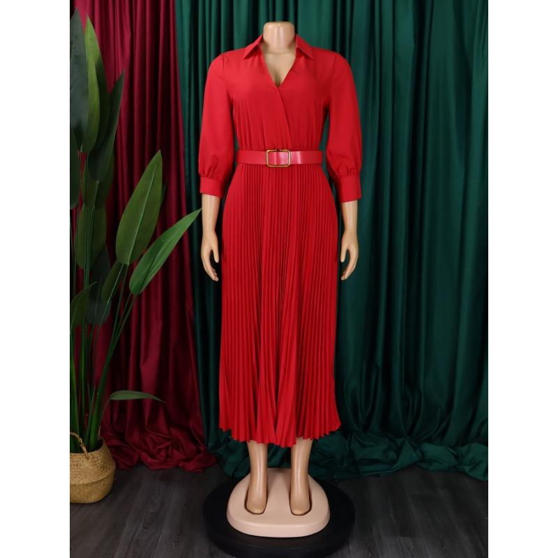 Dámské elegantní jednobarevné šaty tunika šaty midi šaty s páskem sexy výstřih do V košilové šaty plus size