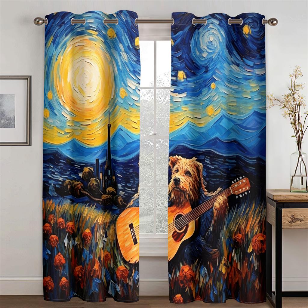 Pastoral Collie Guitar Curtains Van Gogh Oil Painting Style Living Room Bedroom Balcony Windows Decorative Curtains 2 Pcs