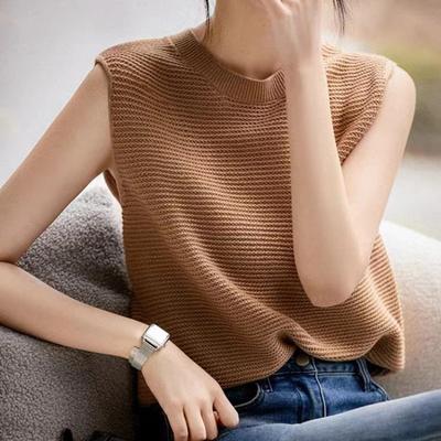 Camisa de punto sin mangas con agujeros para mujer, camisetas sin mangas informales lisas con cuello redondo, blusa holgada elegante de estilo francés para mujer 26914
