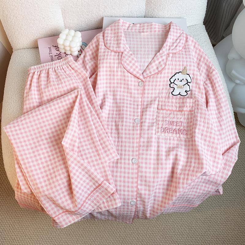 Pajamas Female Cute Pink Plaid Cartoon Cloud Cotton Long-Sleeved Loungewear Set M