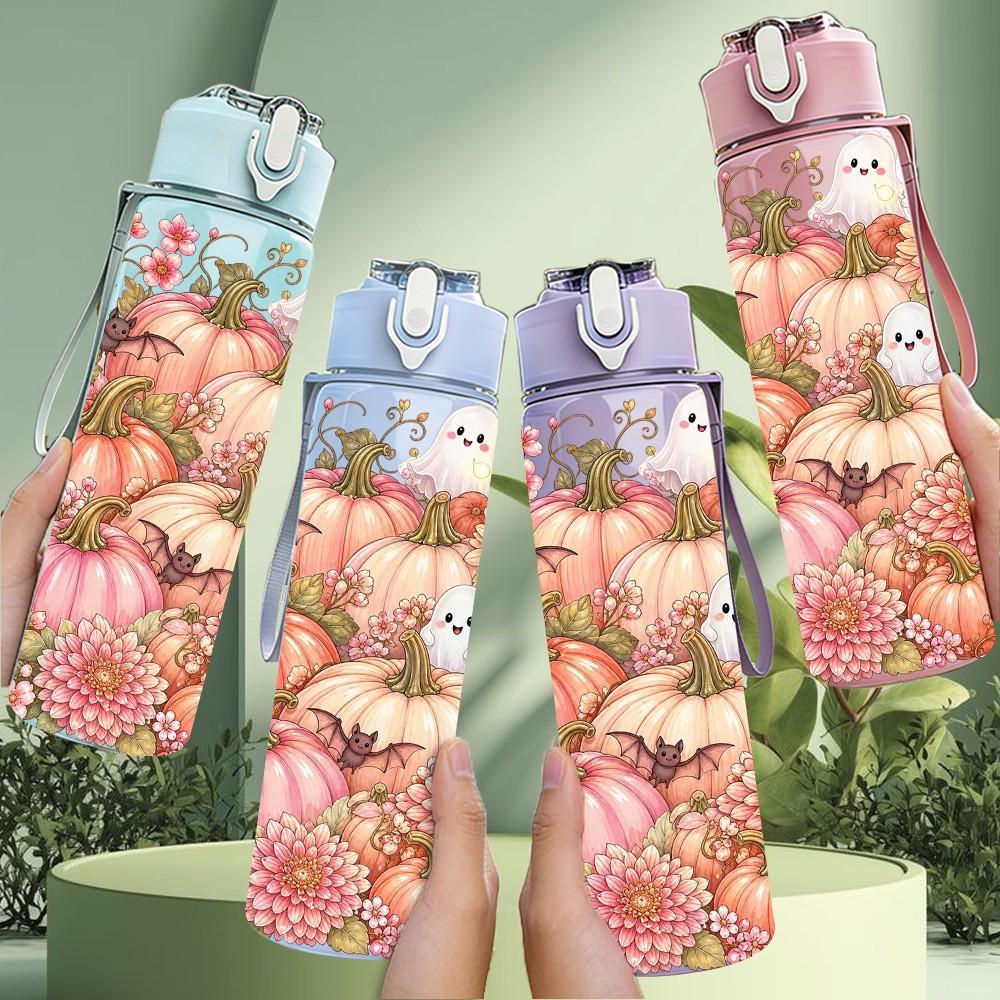 1PC Autumn Pumpkin Floral Wreath Pattern 750ml Color Plastic Sports Water Bottle Leakproof Flip Straw Lid Suitable for Sports Office Home Use