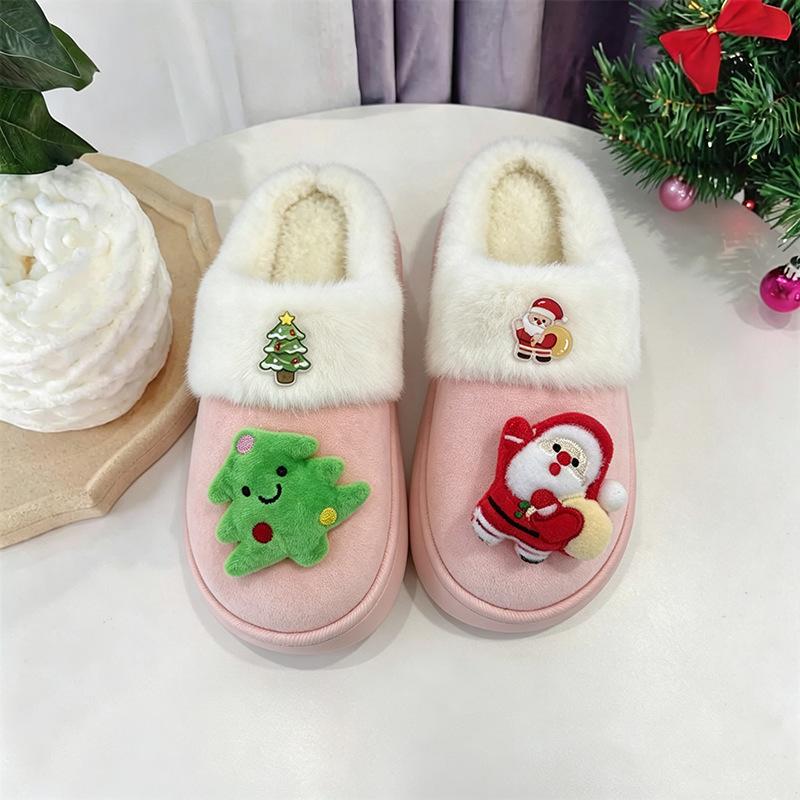 Warm Fluffy Fur Christmas Slippers Women Winter 2026 Cute Cartoon Santa Claus Furry Indoor Slippers Couple Lovely Plush Slides