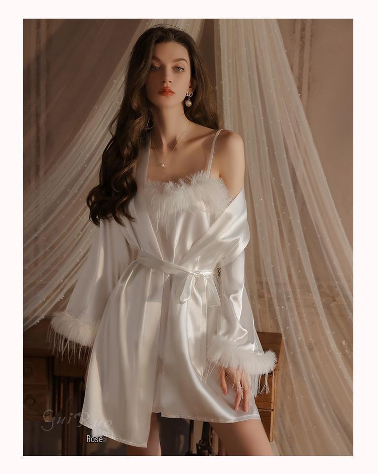 Rose Pure Temptation Plus Size Feathered Camisole Nightgown & Robe Set for Women