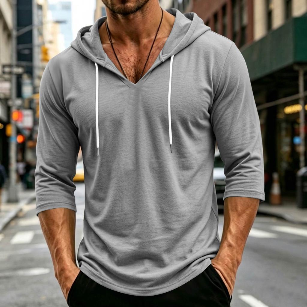 Men's Loose Fit Casual Hoodie Lightweight Pullover with 3/4 Sleeve Drawstring Hooded Shirt for Everyday Wear