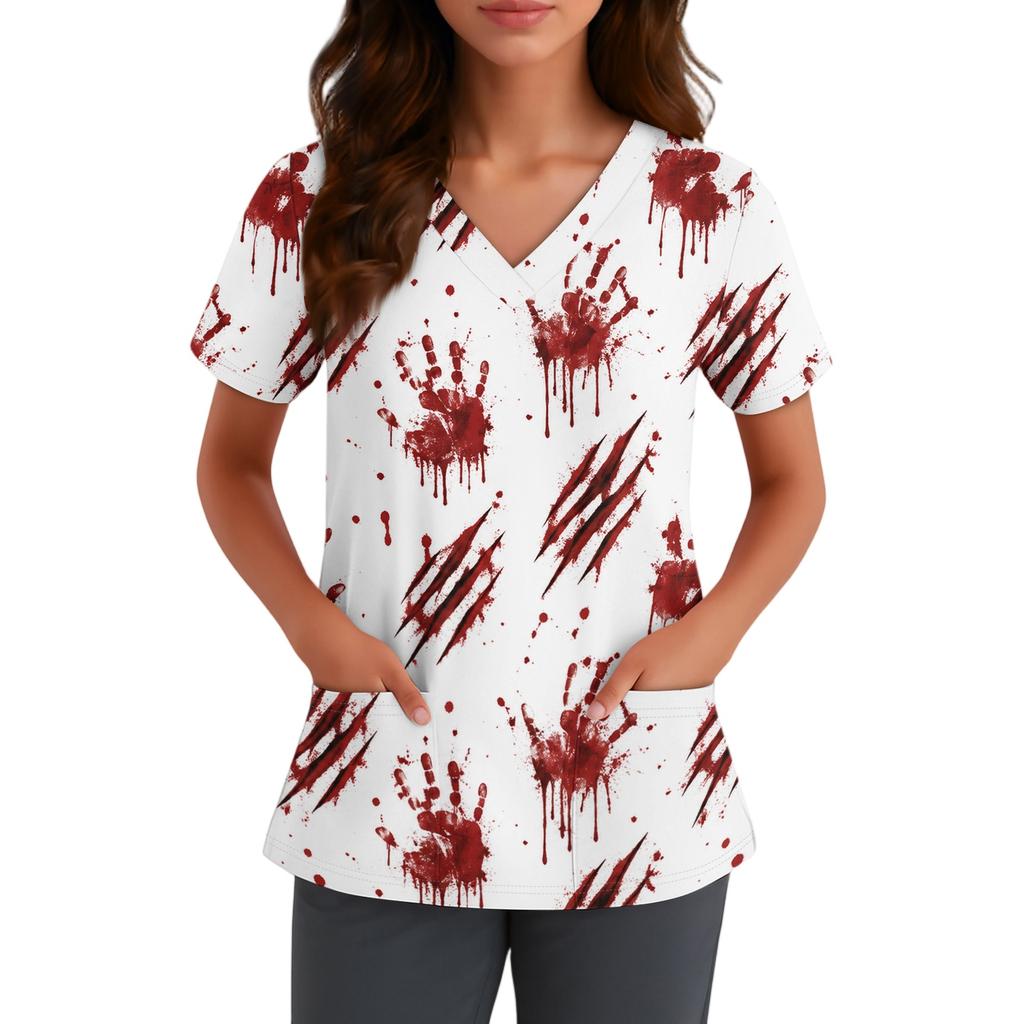 Haut pour femme à col en V et manches courtes avec poches Impression florale d'Halloween Chemise d'uniforme pour infirmière Soins de santé