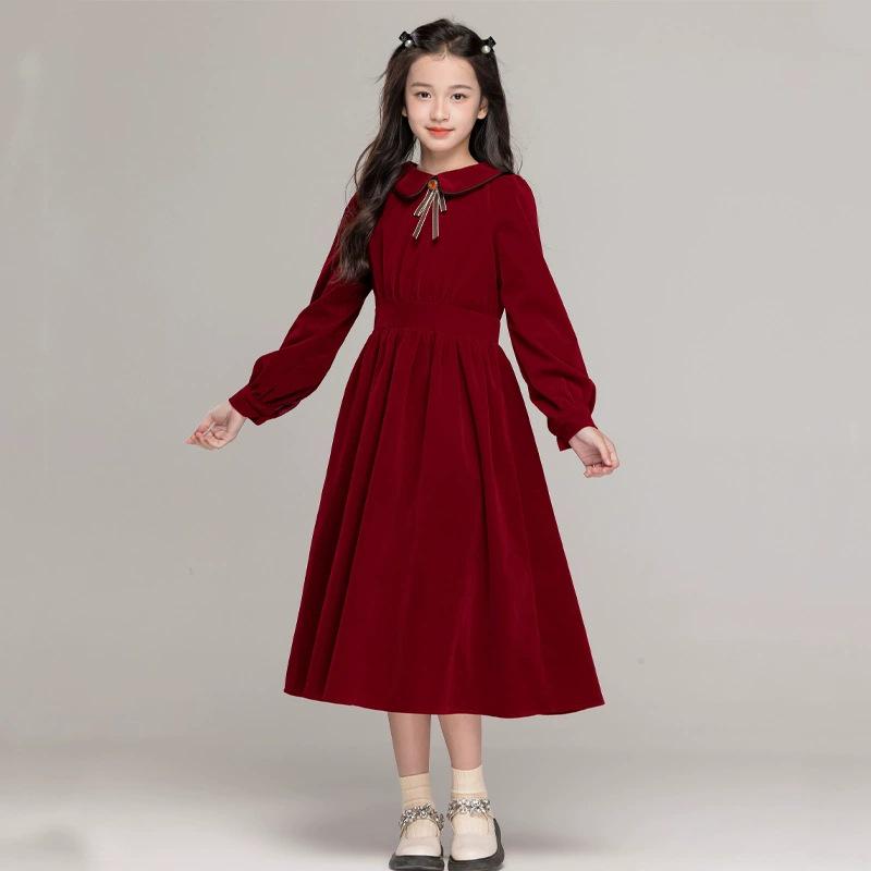 

Девочки Осенне-зимнее платье с воротником Питер Пэн - Модное однотонное платье в стиле принцессы 160 cm красный