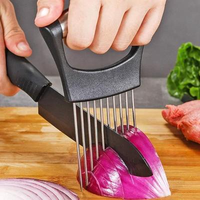 Edelstahl Zwiebelnadel Mit Schneidehilfe Halter Einfacher Slicer Schneider Tomaten Sichere Gabel Handheld Gemüsemesser Küche