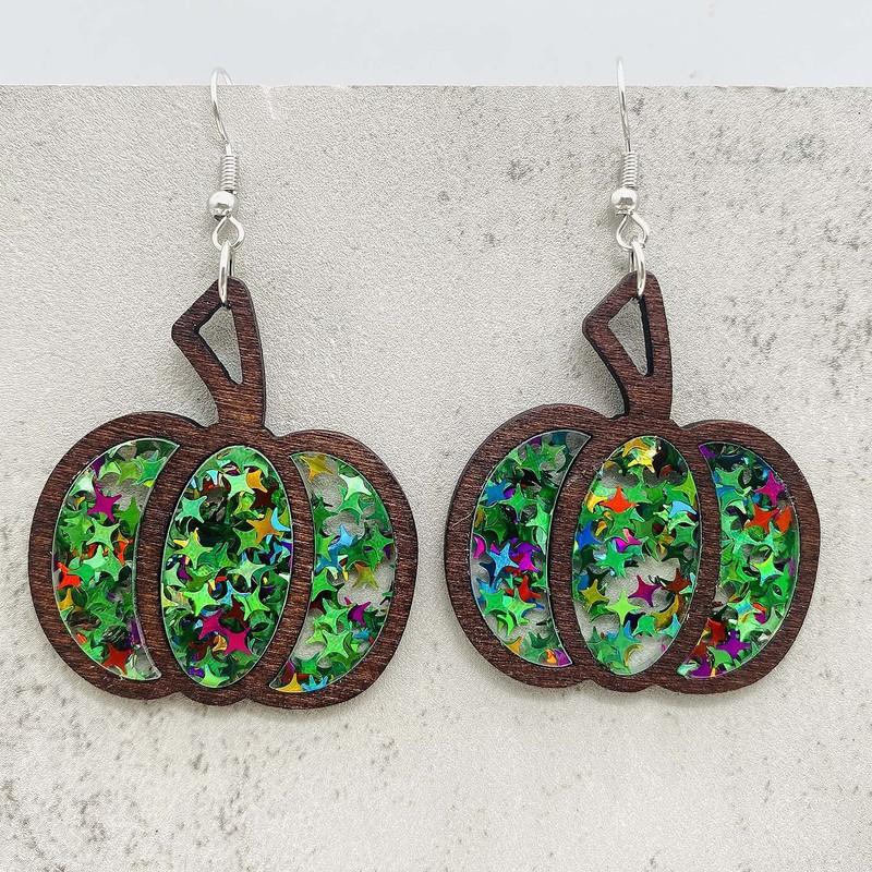 New Autumn Thanksgiving Earrings Halloween Pumpkin Wooden Inlaid Acrylic Glitter Earrings Jewelry For Women Gifts