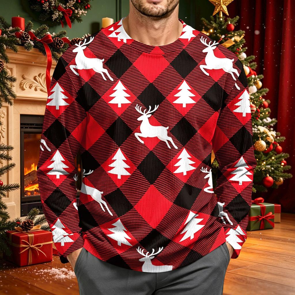 Men's Corduroy Long Sleeve Neck Shirt with Christmas Print Holiday Party Top