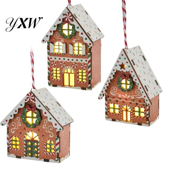 Long-lasting Festive Charm Christmas Gingerbread House Ornament Wooden Light Up Village Easy Storage Tree Hanging Ornaments for Holiday Winter