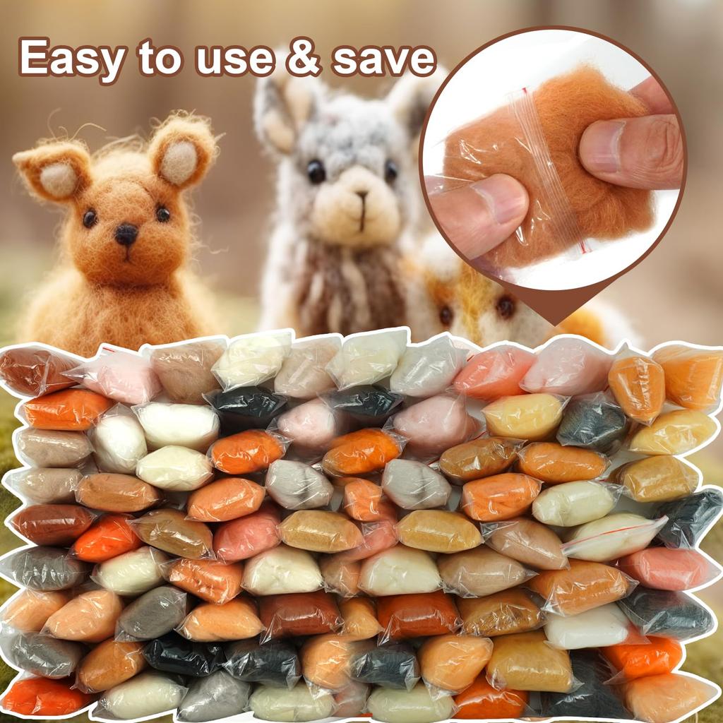 Wool Felt, Wool Fiber, 3g, Beginner's Trial Set, 24 Colors, 72 Packs