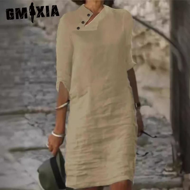 GMXIA Kvinnemote Sommer Våren Ensfarget Print Kortermet Høy midje Fritidskjoler