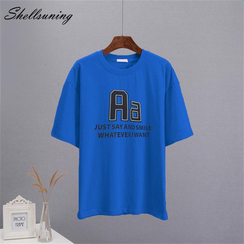 Bavlněná trička Shellsuning Oversized Dámské Léto S krátkým rukávem Trička s 3D potiskem dopisů Dámské Běžné Volné High Street Basic Tops