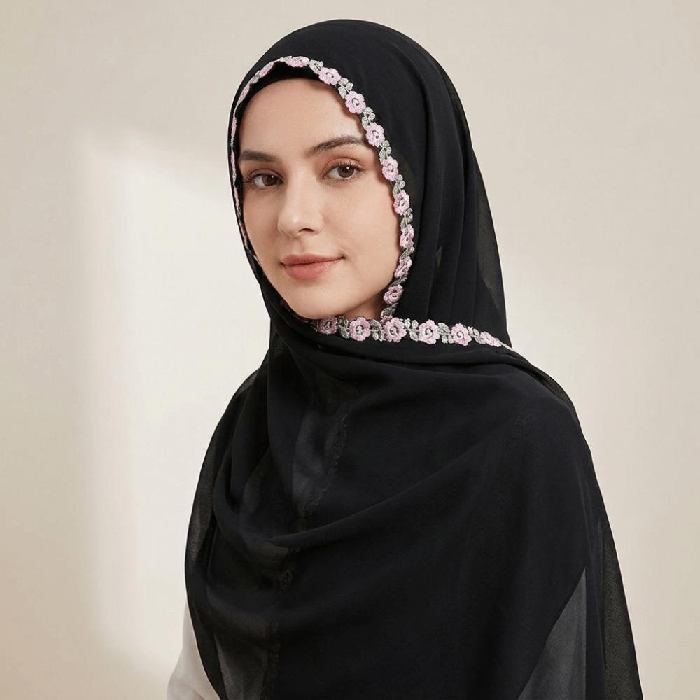 Solid Color Chiffon Hijab Elegant Turban Headscarf Soft Rose Embroidered Shawl Prayer