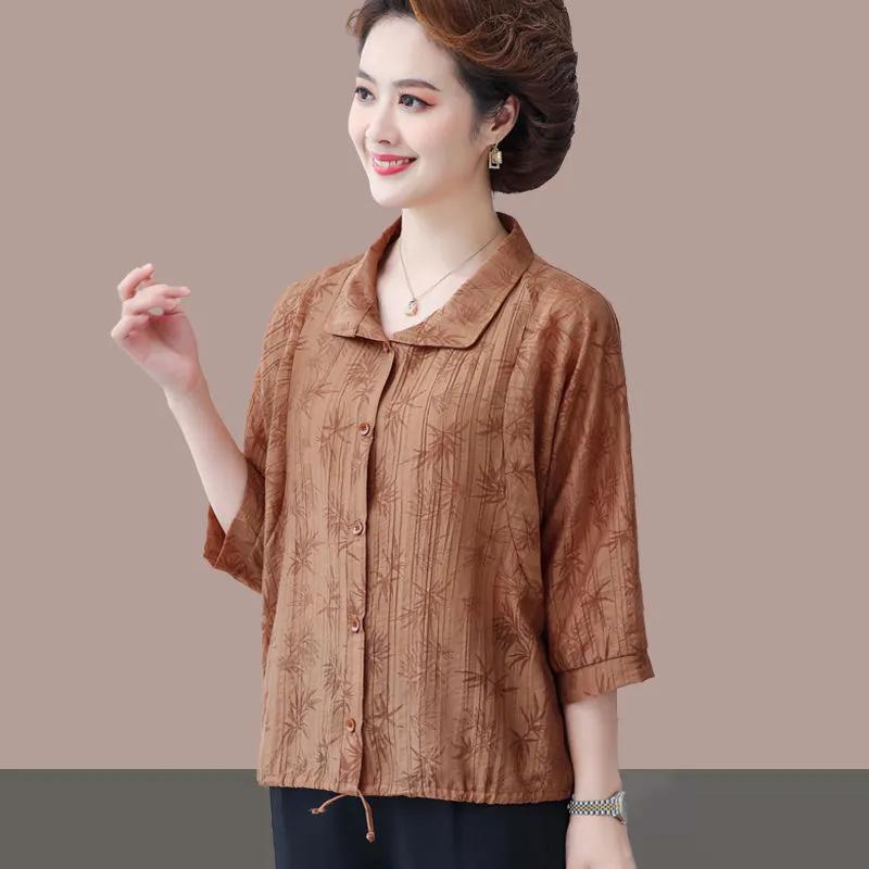Women's Red Textured Half Sleeve Blouse Mature Casual Button-Down Shirt with Drawstring Hem