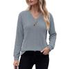 Women Solid Color V Neck Button Decoration Loose Long Sleeve Casual T Shirt Top
