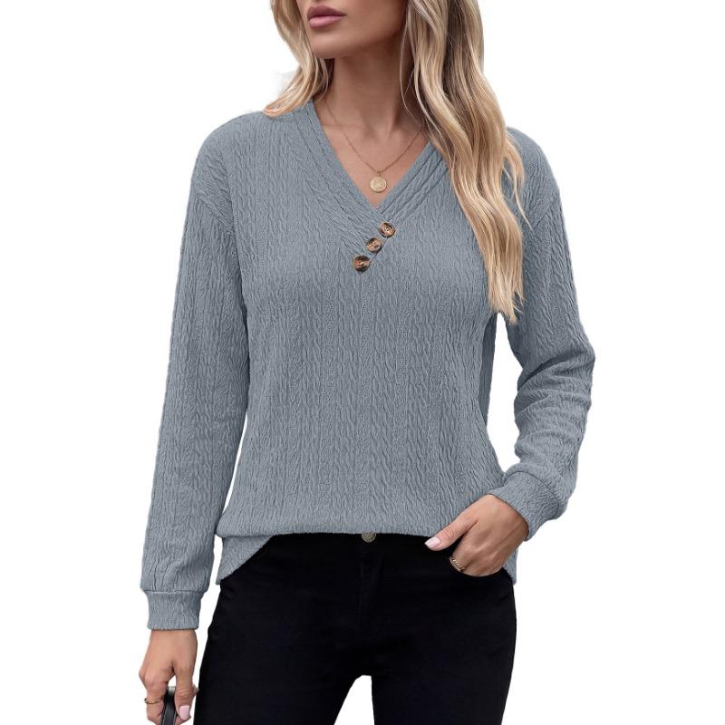 Women Solid Color V Neck Button Decoration Loose Long Sleeve Casual T Shirt Top