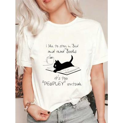 Oversized T Shirt Black Cat Reading Book And Coffee Cup Print I Like To Stay In Bed And Read Books Its Too People Outside Graphic Tee For Casual Wear