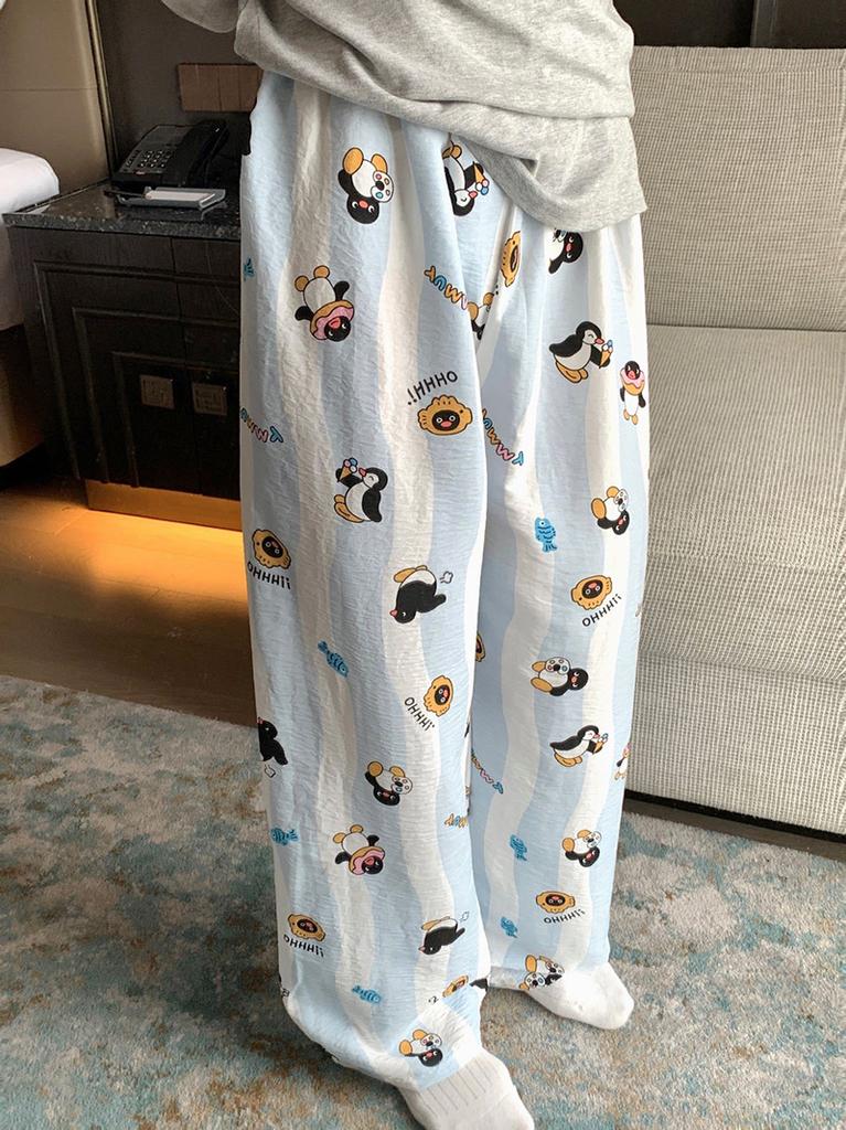 Women's Summer Sleep Pants Thin White Dog Lounge Pants Cute Casual Loose High Waist Straight Wide Leg Comfy Cotton Loungewear