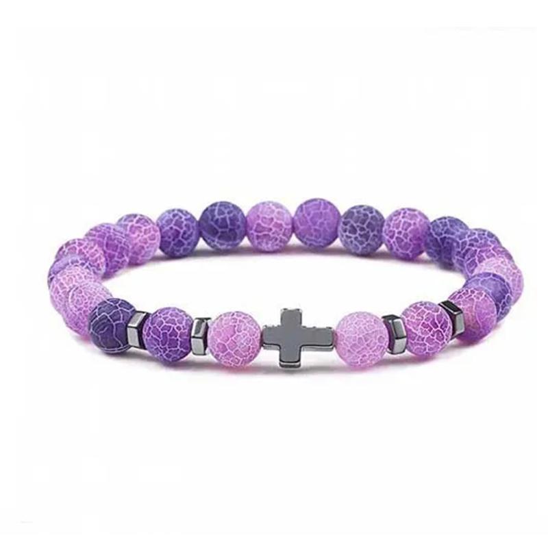 Kirykle 8mm Natural Volcanic Rock Tiger Stone White Pine Black Gallstone Cross Beaded Men's and Women's Bracelet Yoga Jewelry