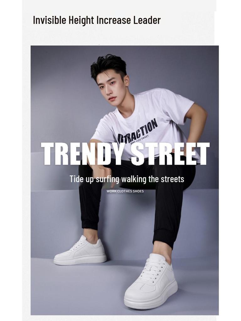 Męskie niewidoczne trampki podwyższające – podeszwa o grubości 8 cm, białe, codzienne buty do jazdy na deskorolce, okrągły nosek