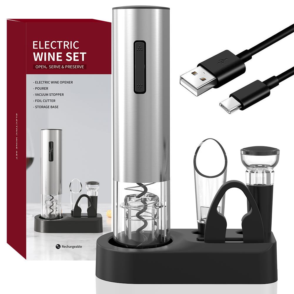 Factory ABS PC Steel 25W Rechargeable Wine Kit Foil Cutter Electric Corkscrew Pourer Vacuum Stopper Base Home Electric Corkscrew