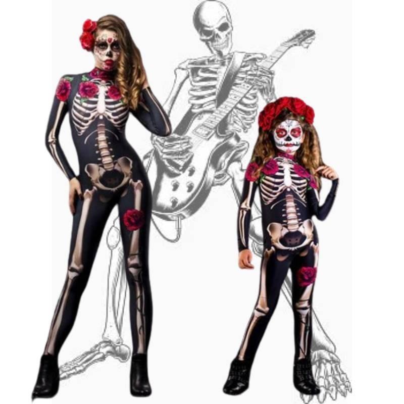 Kids Womens Halloween Costume Skeleton Cosplay Bodysuit Skinny Catsuit Jumpsuit