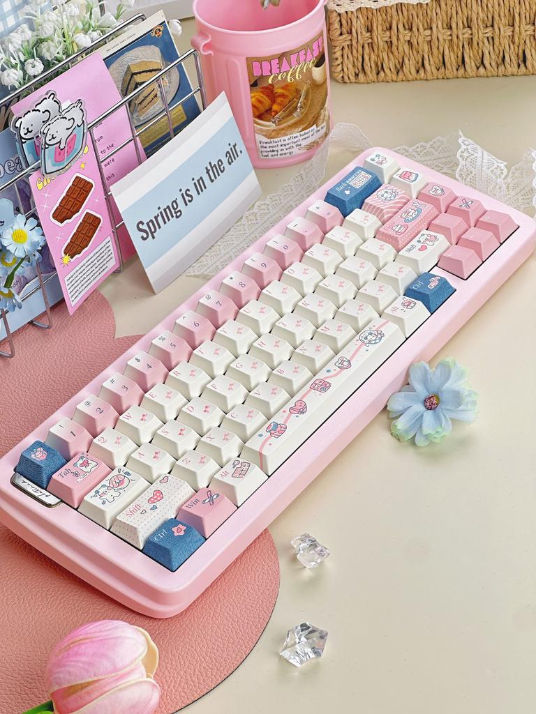 Pure Heartbeat Keycap Cherry Pbt Five Sided Thermal Sublimation Cake Bow Cartoon Diy Keycap 150Key White Pink Gradient Keycaps