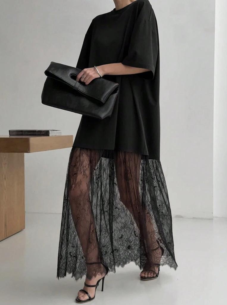 New European and American Express lace splicing mesh loose and comfortable short-sleeved dress