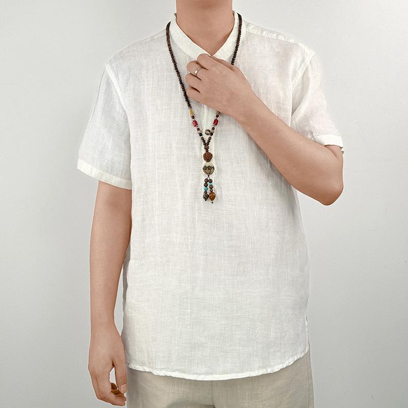 Высококачественная мужская летняя тонкая футболка из чистого льна с короткими рукавами, мужской свободный повседневный топ со стоячим воротником в китайском стиле с половиной рукавов XXXXL