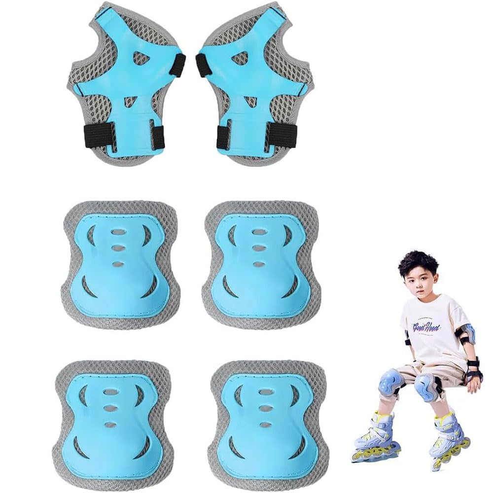 

Protector Set for Roller and and Knee Ages Kids 6-Piece Bicycles, Skateboards, Skates, Motorcycles, Wrist, Elbow, Guards, 2-12 (Blue) синій