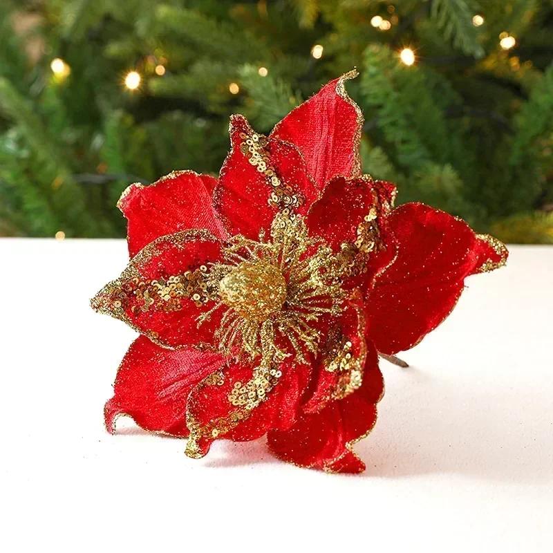 22cm Artificial Flowers Nordic Champagne Christmas Flower New Simulation Pattern Diy Red Multi Layered Christmas Tree Decoration