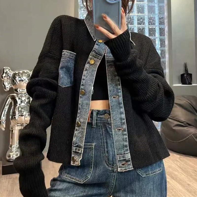 Korean Style Design Loose Sweater Women's Autumn Denim Patchwork Knitted Top Jacket