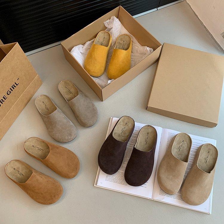 Leather thick-bottomed Boken bag head half slippers women's outer wear half tray 2025 autumn pregnant women non-slip retro ugly Boken tide