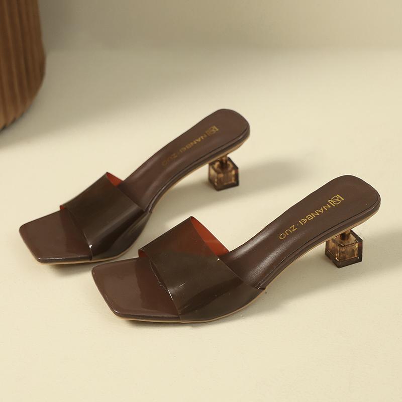 

Мода 2025 Лето Прозрачный каблук-бокал Туфли на высоком каблуке Женские шлепанцы Модные Сексуальные Квадратный носок Роскошный дизайн Женская обувь 43 коричневый