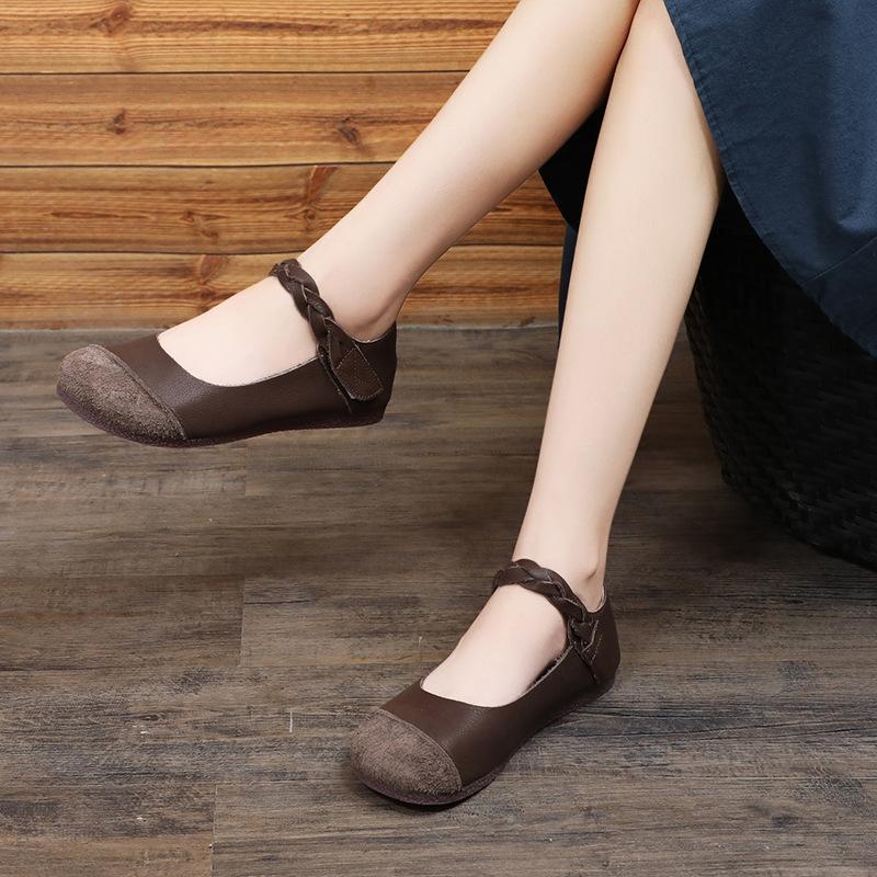 Fashion Retro retro walking shoes cowhide brown buckle leather women's shoes old man