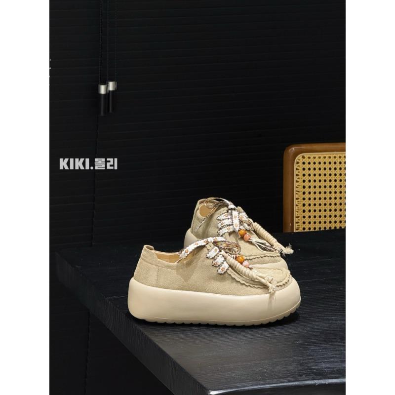 Retro fringed beaded new leather platform lace-up casual small loafers