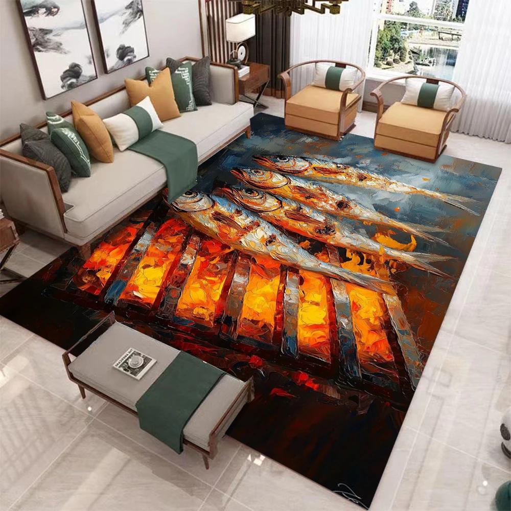 Colorful Grilled Fish Camping Picnic Carpet Living Room Bedside Bedroom Carpet Kitchen Dining Table Floor Mat Corridor Door Mat