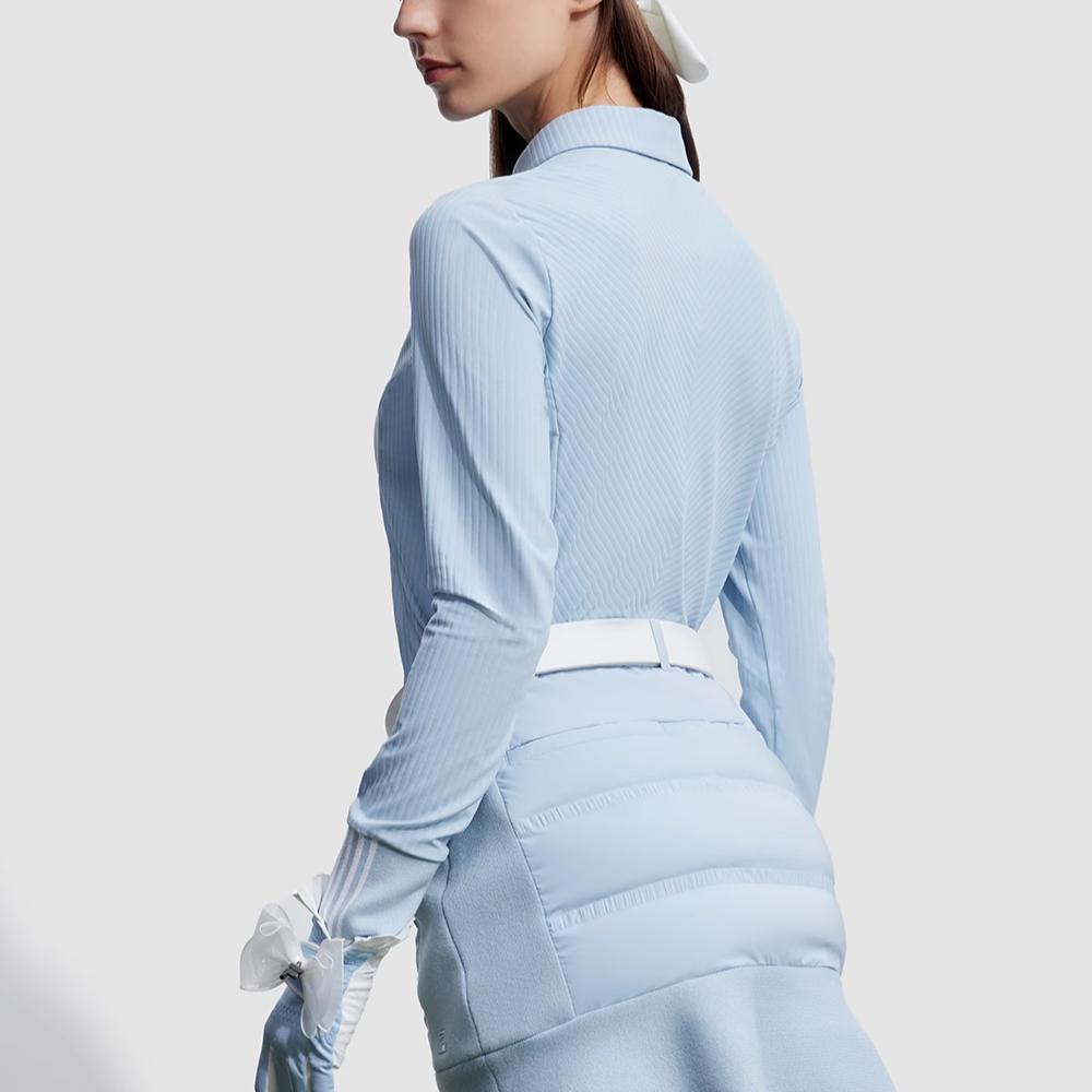 FILA Official 2023 Winter New Knit Long Sleeve Polo Shirt Simple Golf Sports Top Women tops Sky-Blue A11W345211F-LB