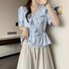 Female Lotus Leaf V-neck Plaid Shirt Light Blue Women's Short Sleeved Shirts Summer Fashion Versatile Pullover Blouses