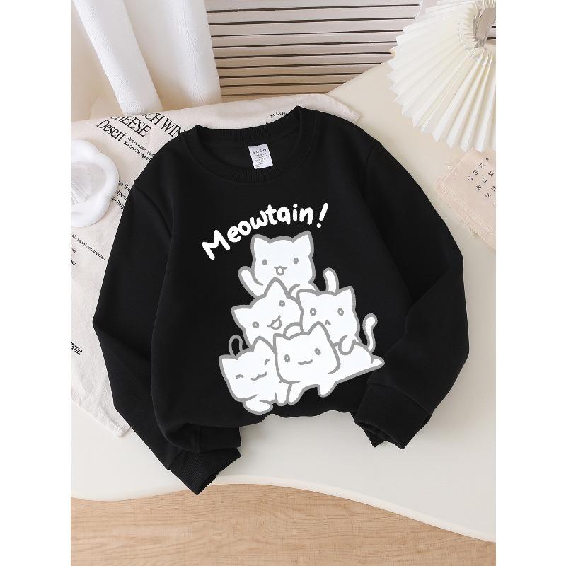 Girls Soft Crewneck SweatshirtCute White Cats Meowtain Print Design with Cute Creative Print, Casual All-Match for Fall Winter, Ideal Holiday Present