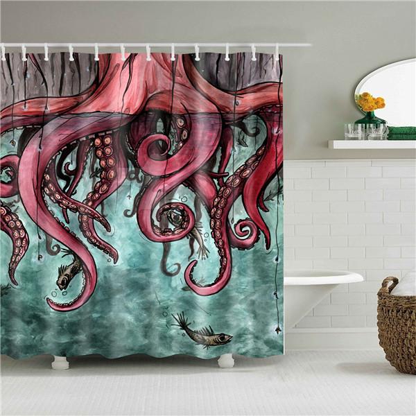 Mediterranean Animals Octopus Bathroom Shower Curtains Frabic Waterproof Polyester Bath Curtain With Hooks