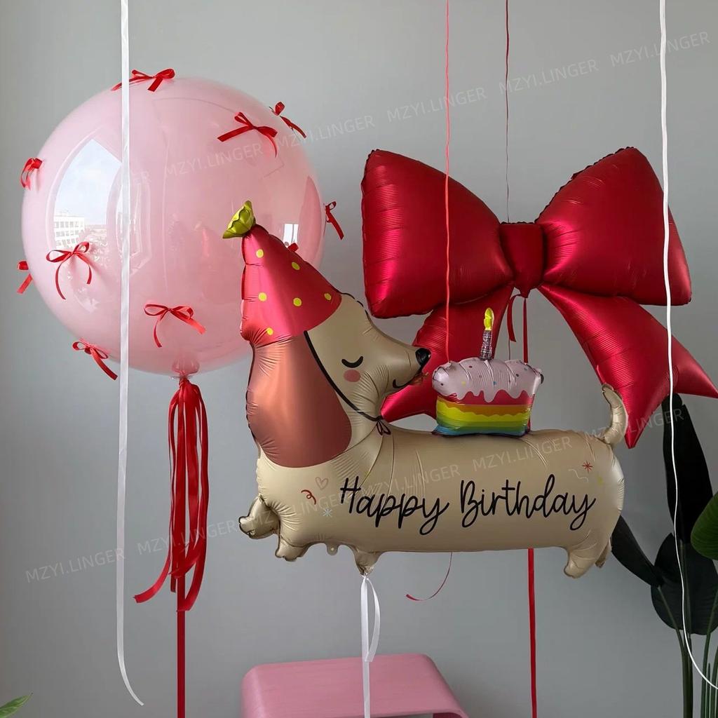 Cartoon style birthday dog balloon set with red bow balloons and pink heart balloons for birthday decoration and photo props