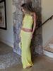 Stylish Blue Crochet Knit Tank Top Maxi Skirt Set Womens Two Piece Beach Cover Up K68
