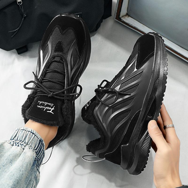 Winter men's shoes fleece thickened warm cotton shoes men's sports shock absorption running thick sole heightening black dad shoes